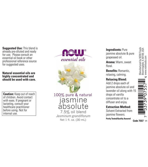 NOW 100% Pure & Natural Jasmine Absolute 7.5% Oil Blend 1 oz