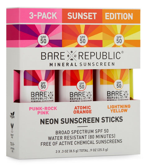 BARE Republic Mineral Neon SPF 50 Color Sport Stick 3 Pack